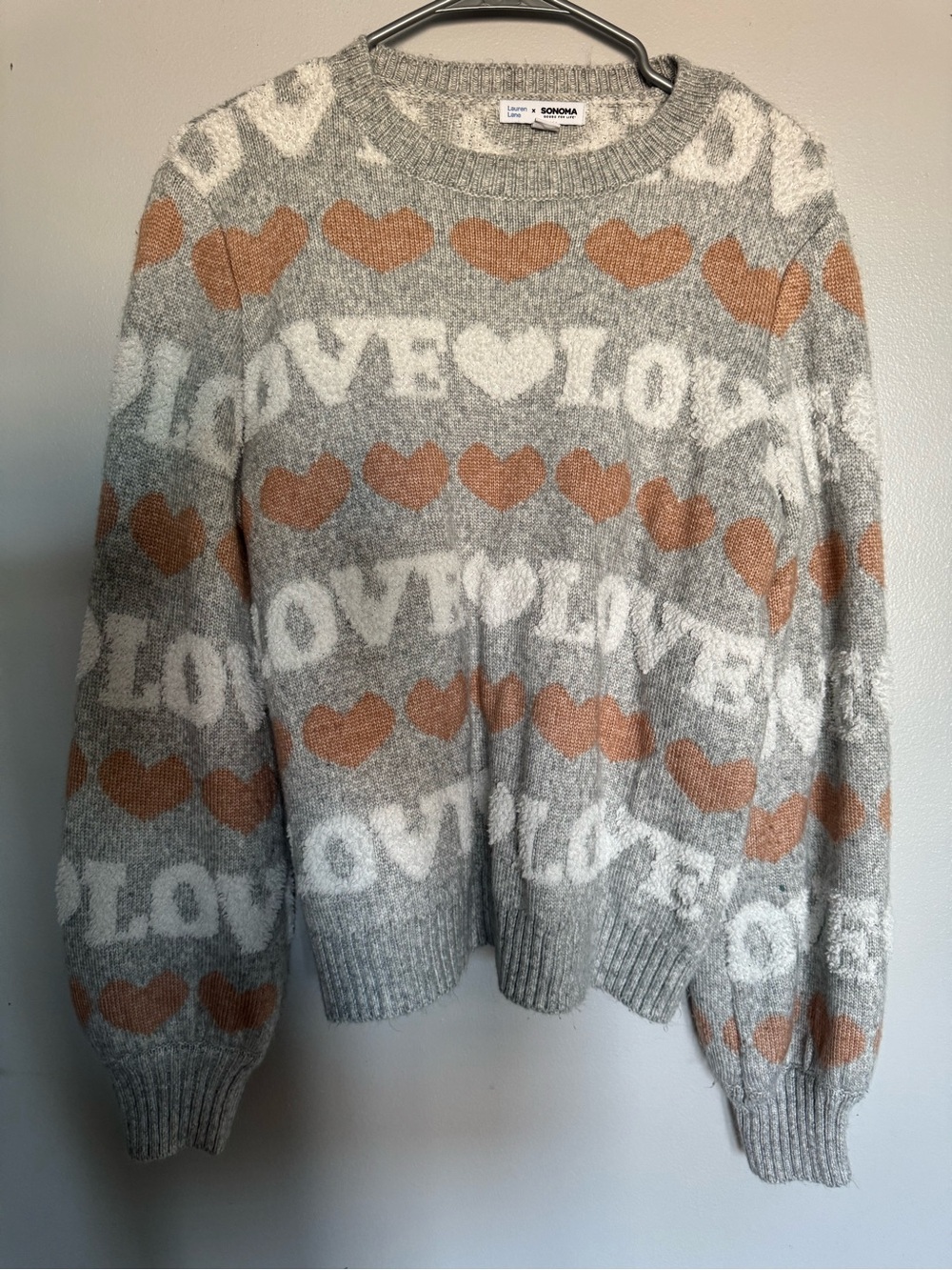 Sonoma Gray Crewneck Sweater with Pink Hearts and White LOVE Pattern